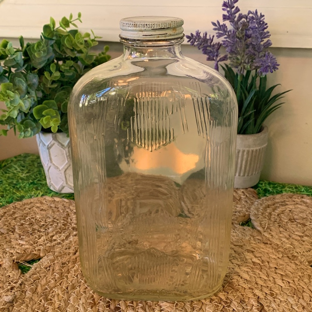 Antique, Duraglass bottle clear glass with metal top, EUC